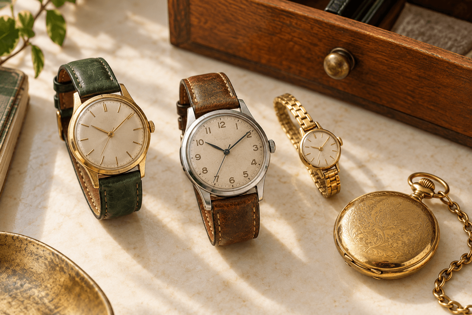 Three vintage wristwatches and a gold-tone pocket watch on a warm surface beside a wooden keepsake drawer