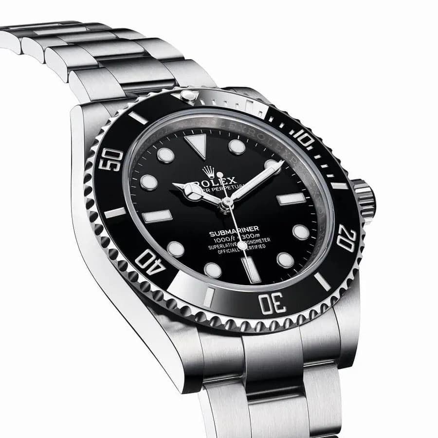A steel Rolex Submariner with a black dial