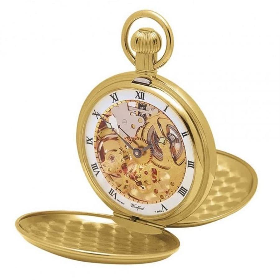An open gold-tone pocket watch showing its movement